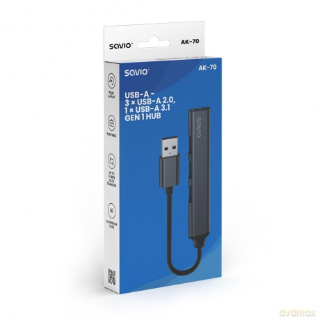 Hub 4 porty USB-A - 3 x USB-A 2.0, 1 x USB-A 3.0, 5 Gbps, Aluminium, AK-70