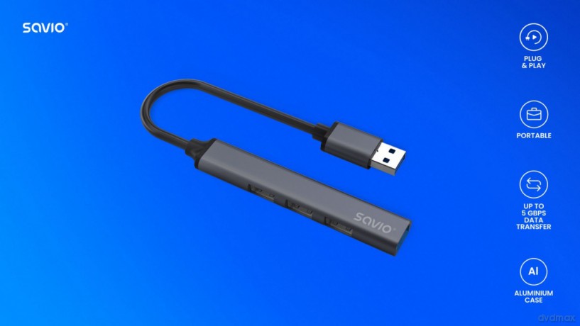 Hub 4 porty USB-A - 3 x USB-A 2.0, 1 x USB-A 3.0, 5 Gbps, Aluminium, AK-70