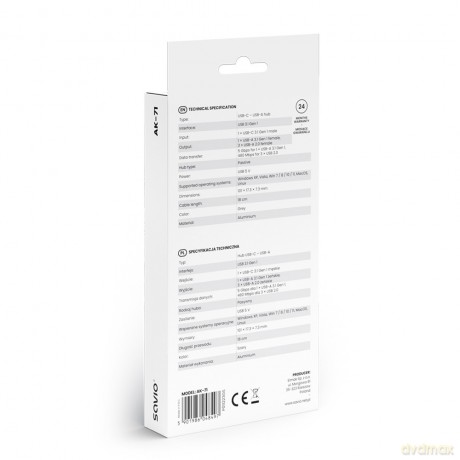 Hub 4 porty USB-C - 3 x USB-A 2.0, 1 x USB-A 3.1 3.1 GEN 1, 5 Gbps, AK-71