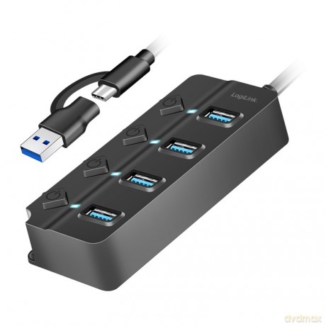 HUB 4xUSB-A, Gen1, 4x ON/OFF, czarny