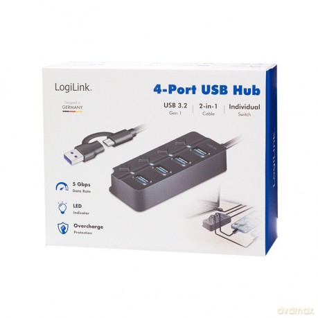 HUB 4xUSB-A, Gen1, 4x ON/OFF, czarny