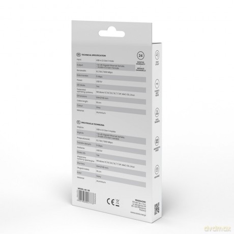 Hub AK-58 3-portowy USB-A 3.1 Gen 1 z adapterem RJ-45 Gigabit Ethernet