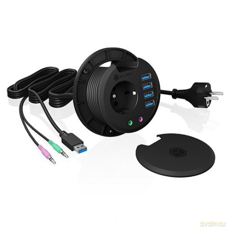 Hub biurkowy IB-HUB1430 80 mm, 4x USB 3.0 Type-A, Audio in /out, kontakt 220V