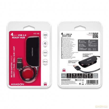 Hub HUE-X4B 4-portowy USB 2.0 kabel 20cm Czarny