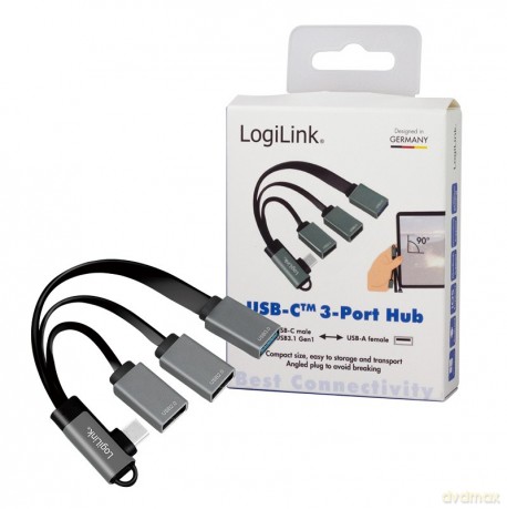 Hub USB 3.2, USB-C/M 90, do 3xUSB-A/F, 0.15m