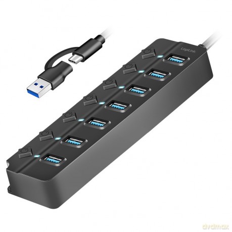 HUB USB3.2 Gen1, 7x USB-A, 7xON/OFF, czarny