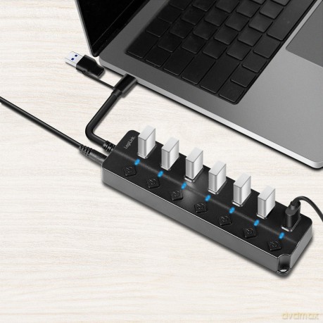 HUB USB3.2 Gen1, 7x USB-A, 7xON/OFF, czarny