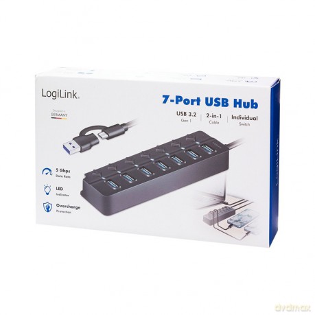 HUB USB3.2 Gen1, 7x USB-A, 7xON/OFF, czarny