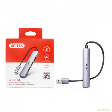 Hub USB-A; 3x USB-A 2.0; 1x USB-A 5 Gbps Aluminiowy