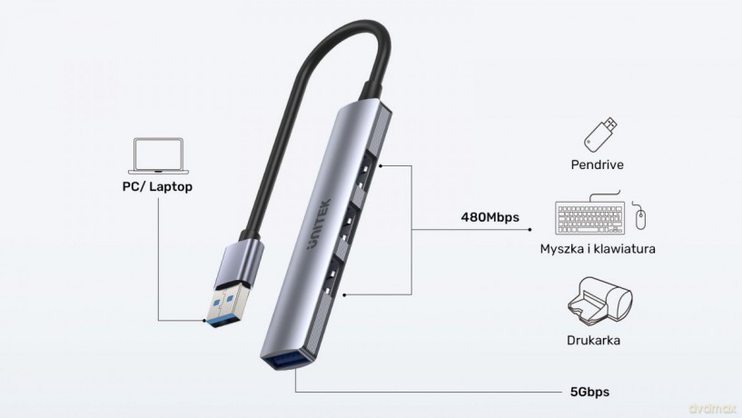 Hub USB-A; 3x USB-A 2.0; 1x USB-A 5 Gbps Aluminiowy