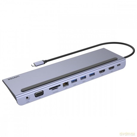 HUB USB-C 11w1 USB-C, RJ45, PD 100W, 2x HDMI, VGA, SD; D1022B