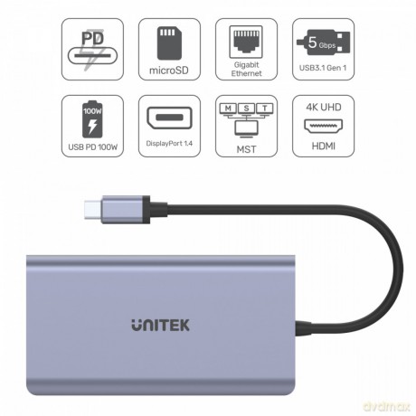 HUB USB-C 2x USB 3.1, HDMI 2.0, DP 1.4, RJ45, SD, PD 100W; D1056A