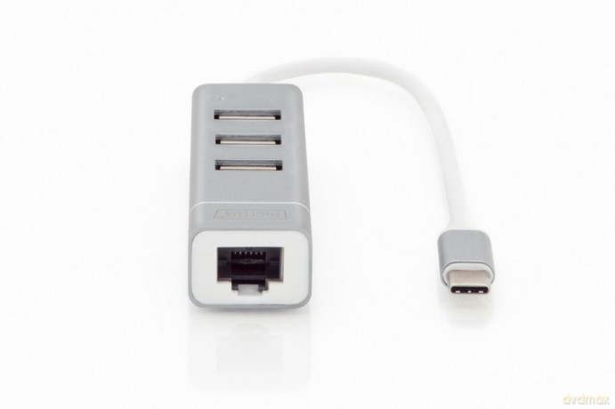HUB/Koncentrator 3-portowy USB 2.0 HighSpeed z Typ C oraz Fast Ethernet LAN adapter, aluminium