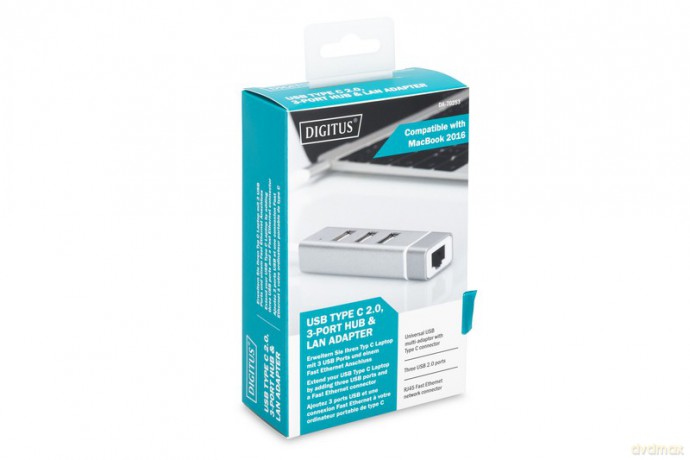 HUB/Koncentrator 3-portowy USB 2.0 HighSpeed z Typ C oraz Fast Ethernet LAN adapter, aluminium