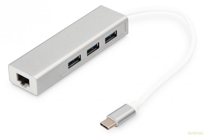 HUB/Koncentrator 3-portowy USB Typ C, 3x USB A HighSpeed z Gigabit LAN adapter, aluminium