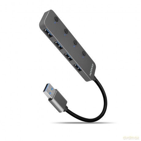 HUE-MSA Hub 4-portowy USB 3.2 Gen 1 switch, metalowy, 20cm USB-A kabel, microUSB dodatkowe zasilanie