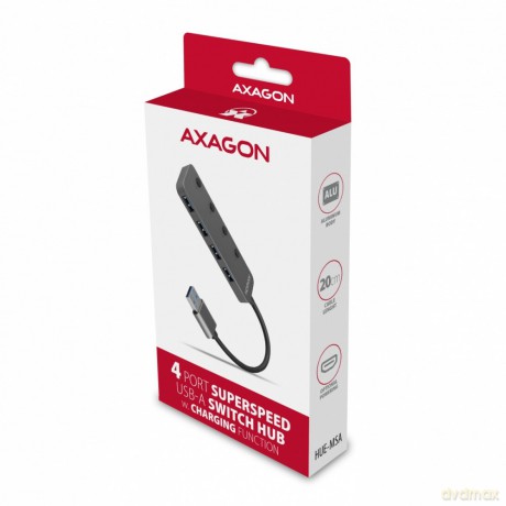 HUE-MSA Hub 4-portowy USB 3.2 Gen 1 switch, metalowy, 20cm USB-A kabel, microUSB dodatkowe zasilanie
