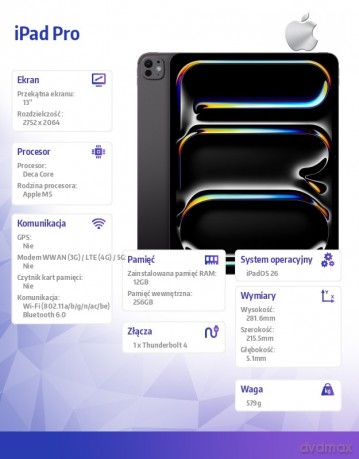 iPad Pro 13 cali Wi-Fi 256 GB ze standardowym szkłem - Gwiezdna czerń