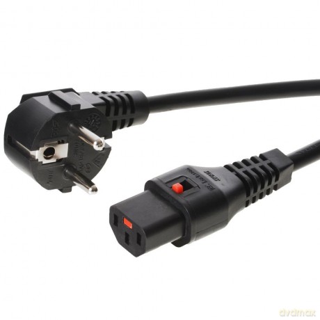 Kabel połączeniowy zasilający blokada IEC LOCK 3x1mm2 Schuko kątowy/C13 prosty M/Ż 2m czarny