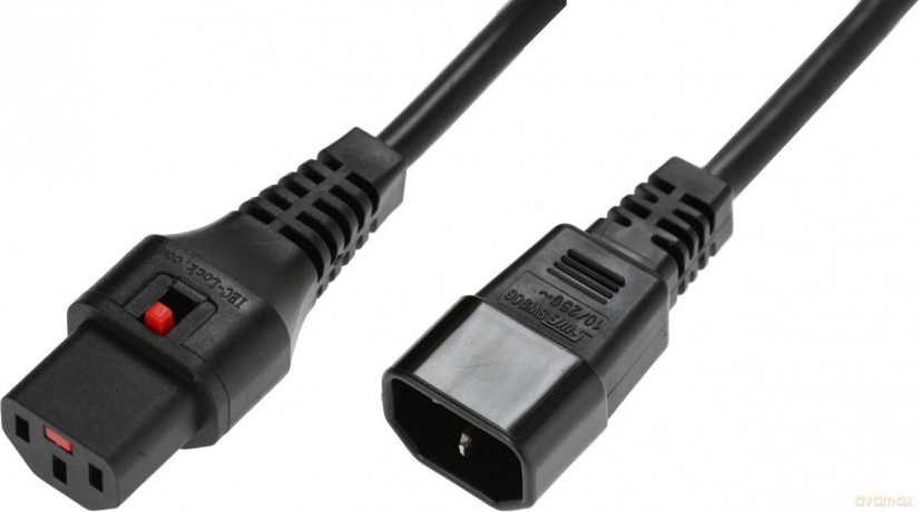 Kabel przedłużający zasilający blokada IEC LOCK 3x1mm2 C14/C13 prosty M/Ż 2m Czarny