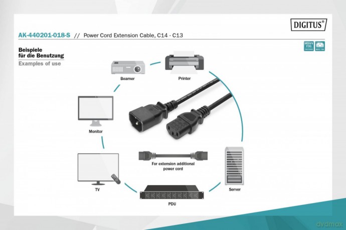 Kabel przedłużający zasilający Typ IEC C14/IEC C13 M/Ż czarny 1,8m