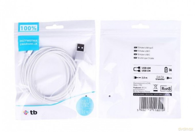 Kabel USB-USB C 2m srebrny sznurek