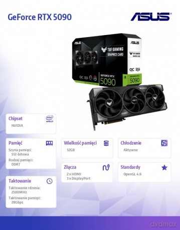 Karta graficzna GeForce RTX 5090 TUF GAMING OC 32GB GDDR7 512bit 3DP/2HDMI