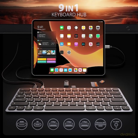 Klawiatura HMC-KB-CRL USB-C 5Gbps z wieloportowy hub 9in1, SD/microSD, 3x USB-A, HDMI 4K/60Hz, PD 100W, Audio, Cyrillic layout, 60cm USB-C kabel