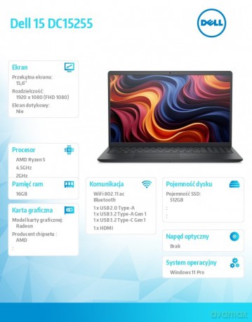 Laptop Dell 15 DC15255 W11P R5-7530U/16GB/512GB SSD/AMD Radeon/WLAN + BT/15.6 FHD/Backlit Kb/3 Cell/65W/3YPS Carbon Black (Plastic)