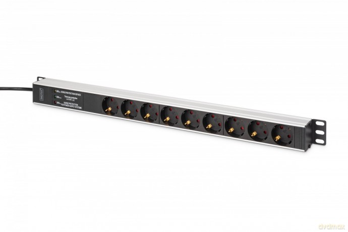 Listwa zasilająca PDU Rack (620mm) z zabezpieczeniem przeciwprzepięciowym + filtr EMI/RFI, 9 gniazd Schuko CEE 7/3 (45°), kabel 2m wtyk Unischuko CEE