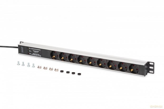 Listwa zasilająca PDU Rack (620mm) z zabezpieczeniem przeciwprzepięciowym + filtr EMI/RFI, 9 gniazd Schuko CEE 7/3 (45°), kabel 2m wtyk Unischuko CEE