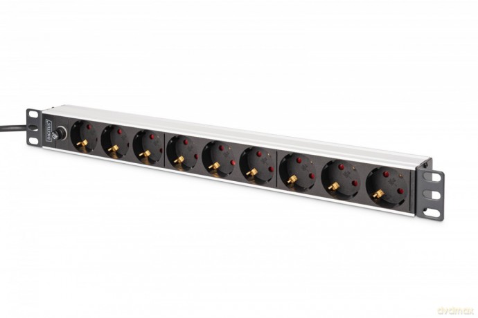 Listwa zasilająca PDU Rack 19" z bezpiecznikiem przeciążeniowym, 9 gniazd Schuko CEE 7/3 (45°), kabel 2m wtyk IEC C14, 10A, aluminiowa