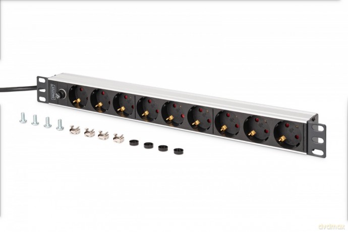 Listwa zasilająca PDU Rack 19" z bezpiecznikiem przeciążeniowym, 9 gniazd Schuko CEE 7/3 (45°), kabel 2m wtyk IEC C14, 10A, aluminiowa