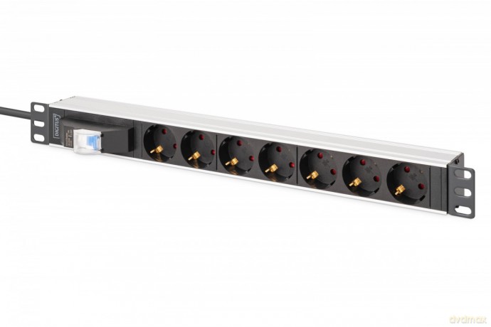 Listwa zasilająca PDU Rack 19" z wyłącznikiem nadprądowym Typ C 16A, 7 gniazd Schuko CEE 7/3 (45°), kabel 1,8m wtyk Unischuko CEE 7/7, 16A, aluminiowa