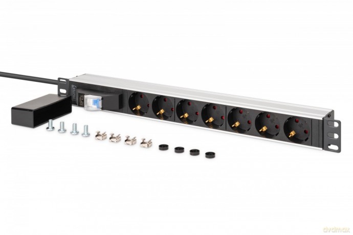Listwa zasilająca PDU Rack 19" z wyłącznikiem nadprądowym Typ C 16A, 7 gniazd Schuko CEE 7/3 (45°), kabel 1,8m wtyk Unischuko CEE 7/7, 16A, aluminiowa