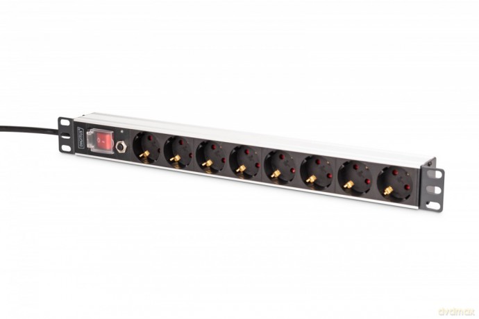 Listwa zasilająca PDU Rack 19" z zabezpieczeniem przeciążeniowym, 8 gniazd Schuko CEE 7/3 (45°), kabel 2m wtyk Unischuko, 16A, aluminiowa