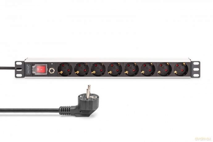 Listwa zasilająca PDU Rack 19" z zabezpieczeniem przeciążeniowym, 8 gniazd Schuko CEE 7/3 (45°), kabel 2m wtyk Unischuko, 16A, aluminiowa