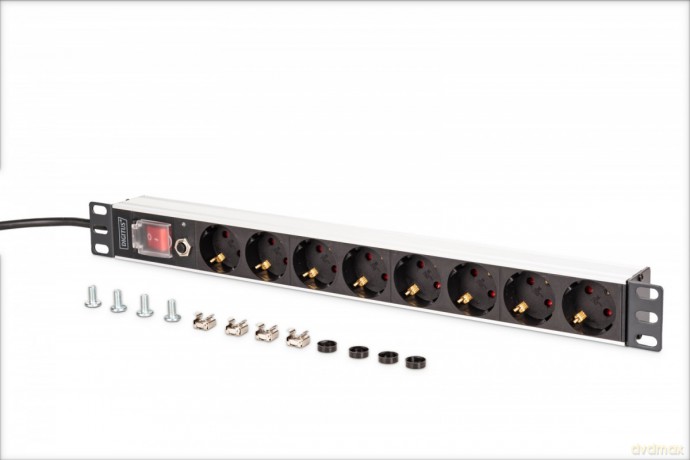 Listwa zasilająca PDU Rack 19" z zabezpieczeniem przeciążeniowym, 8 gniazd Schuko CEE 7/3 (45°), kabel 2m wtyk Unischuko, 16A, aluminiowa