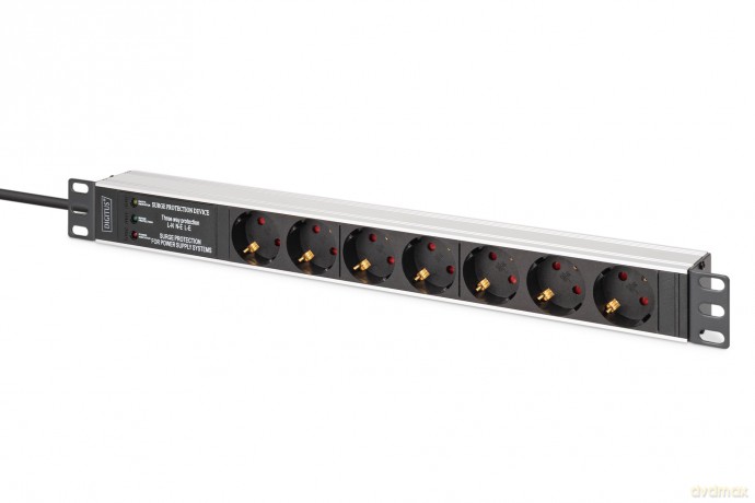Listwa zasilająca PDU Rack 19" z zabezpieczeniem przeciwprzepięciowym + filtr EMI/RFI, 7 gniazd Schuko CEE 7/3, kabel 2m, wtyk Unischuko CEE 7/7, 16A,