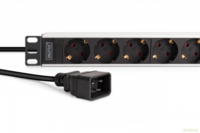 Listwa zasilająca PDU Rack 19", 9 gniazd Schuko CEE 7/3 (45°), kabel 2m wtyk IEC C20, 16A, aluminiowa