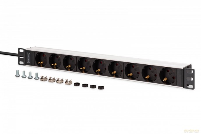 Listwa zasilająca PDU Rack 19", 9 gniazd Schuko CEE 7/3 (45°), kabel 2m wtyk IEC C20, 16A, aluminiowa