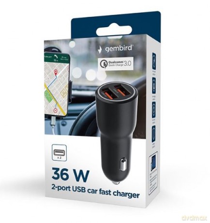 Ładowarka samochodowa 2xUSB-A QC3.0 36W czarna