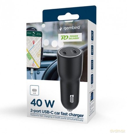 Ładowarka samochodowa 2xUSB-C PD 40W czarna