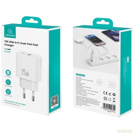Ładowarka sieciowa 25W 1xUSB-A 1xUSB-A fast charging Biała