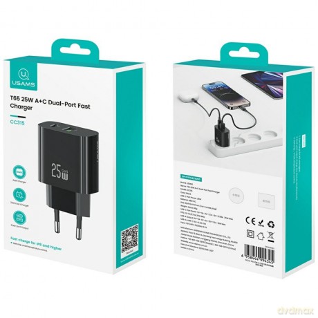 Ładowarka sieciowa 25W 1xUSB-C 1xUSB-A Fast Charging Czarna
