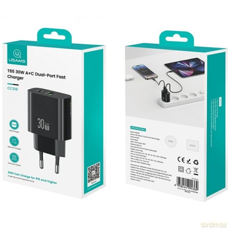 Ładowarka sieciowa 30W 1xUSB-C 1xUSB-A Fast czarging Czarna