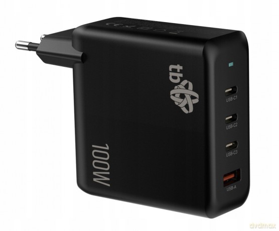 Ładowarka sieciowa 3x USB C + USB A Power Delivery czarna, GaN 100W