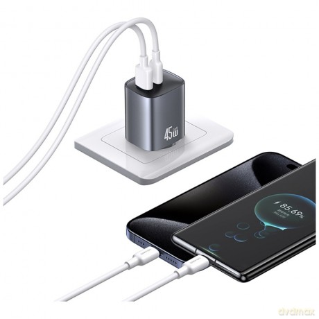Ładowarka sieciowa T66 45W CC290 GaN Fast charge 1xUSB-A 1xUSB-C srebrny