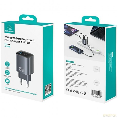Ładowarka sieciowa T66 45W GaN CC290 USB-A + USB-C Fast charge
