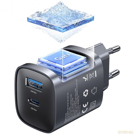 Ładowarka sieciowa T66 45W GaN CC290 USB-A + USB-C Fast charge